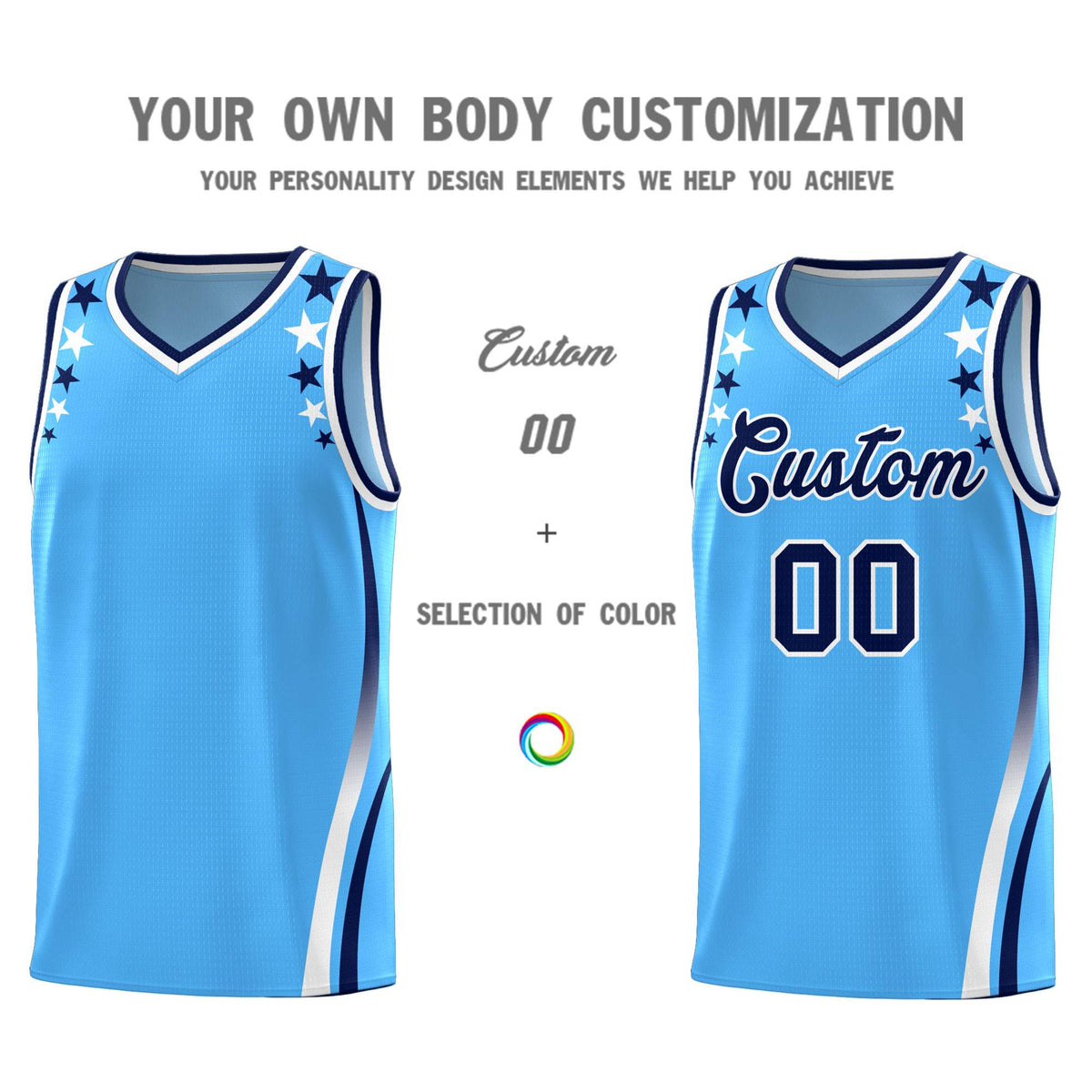Custom Light Blue Shoulders Star Pattern Side Color Block Sports Uniform Basketball Jersey|KXKSHOP