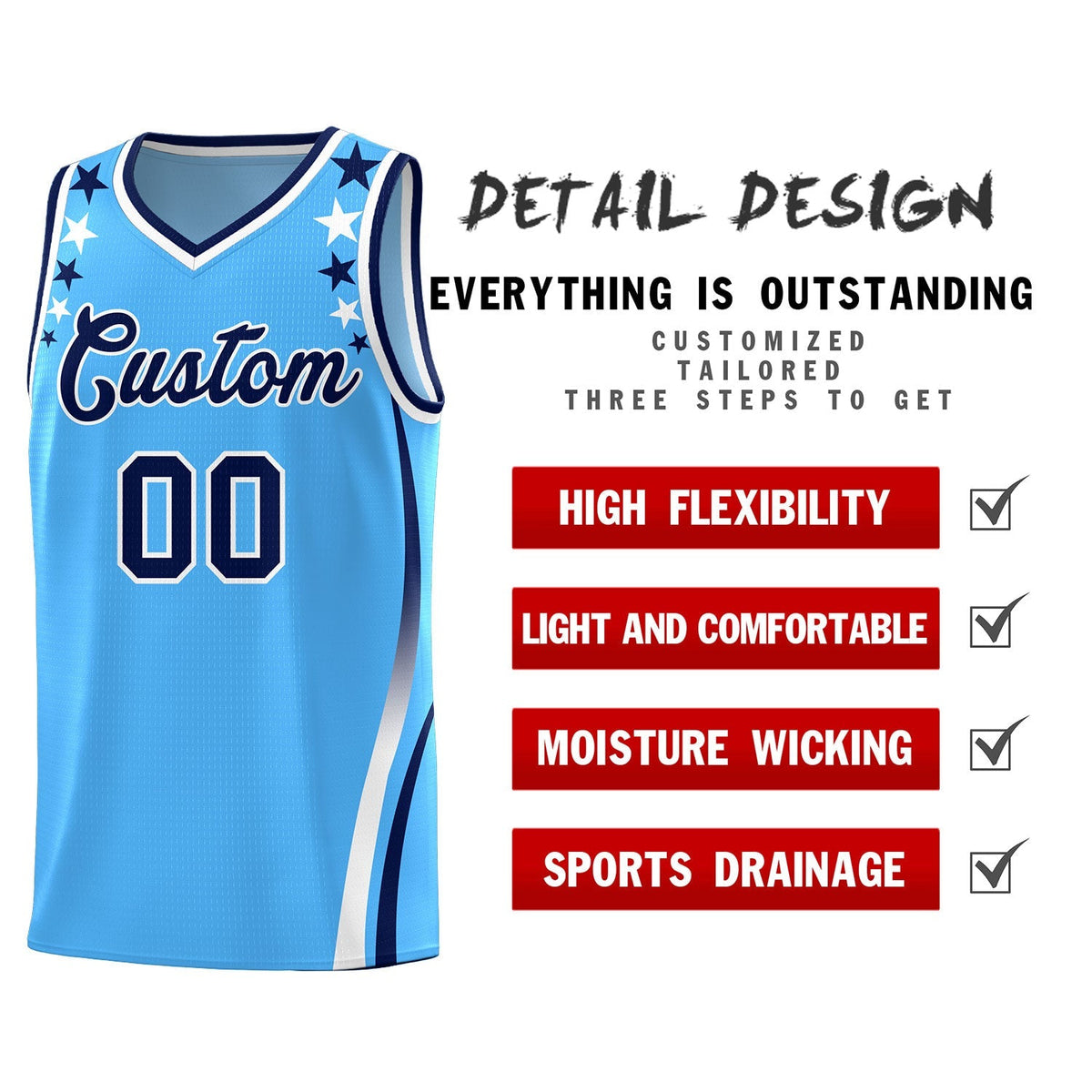 Custom Light Blue Shoulders Star Pattern Side Color Block Sports Uniform Basketball Jersey|KXKSHOP