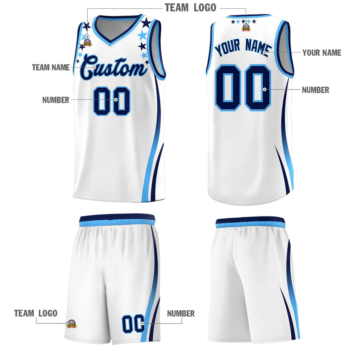 Custom White Shoulders Star Pattern Side Color Block Sports Uniform Basketball Jersey|KXKSHOP