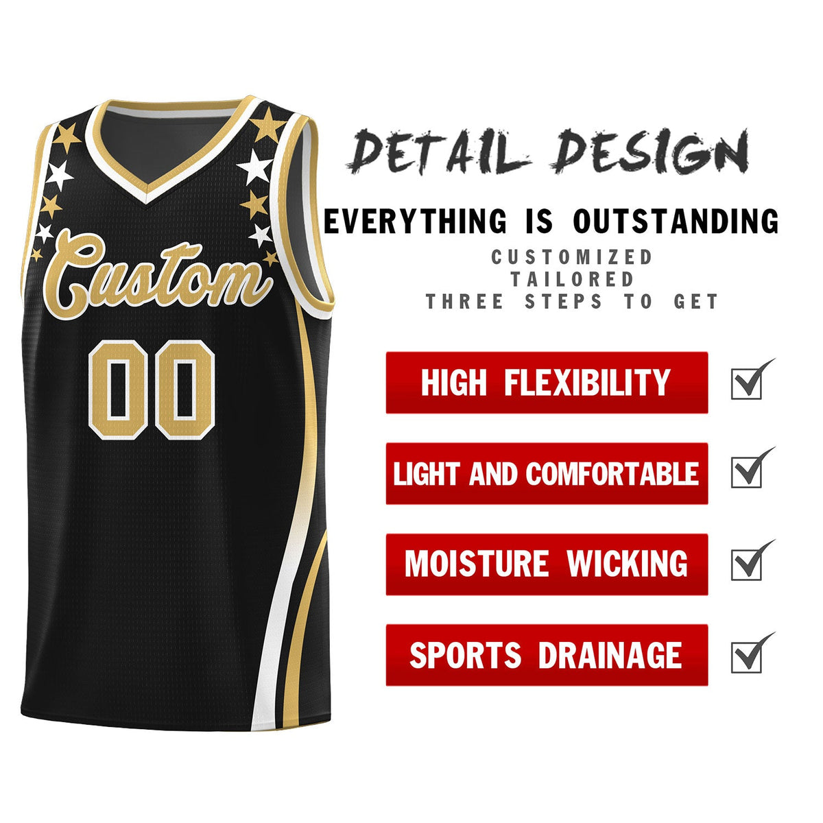 Custom Black Shoulders Star Pattern Side Color Block Sports Uniform Basketball Jersey|KXKSHOP