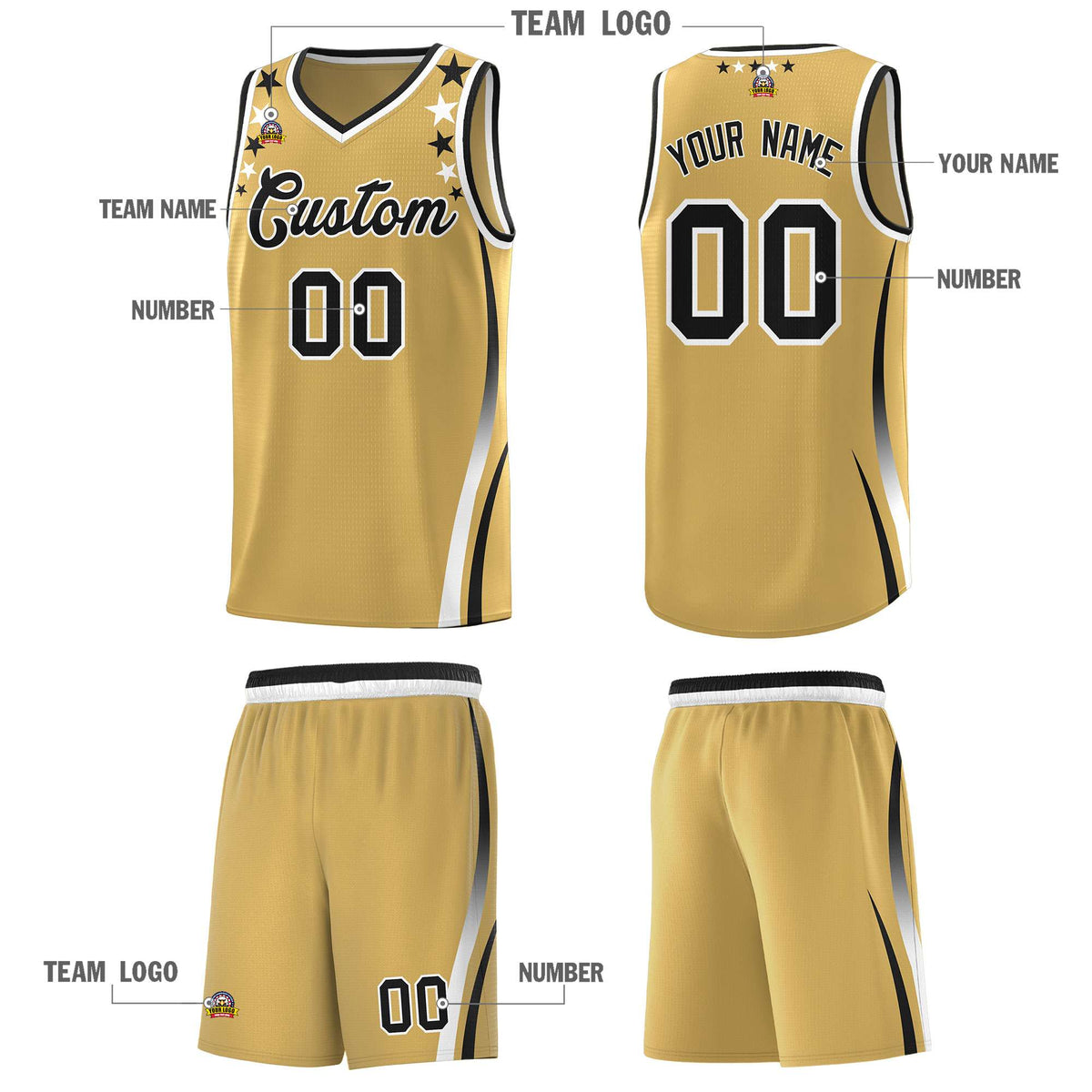 Custom Old Gold Shoulders Star Pattern Side Color Block Sports Uniform Basketball Jersey|KXKSHOP