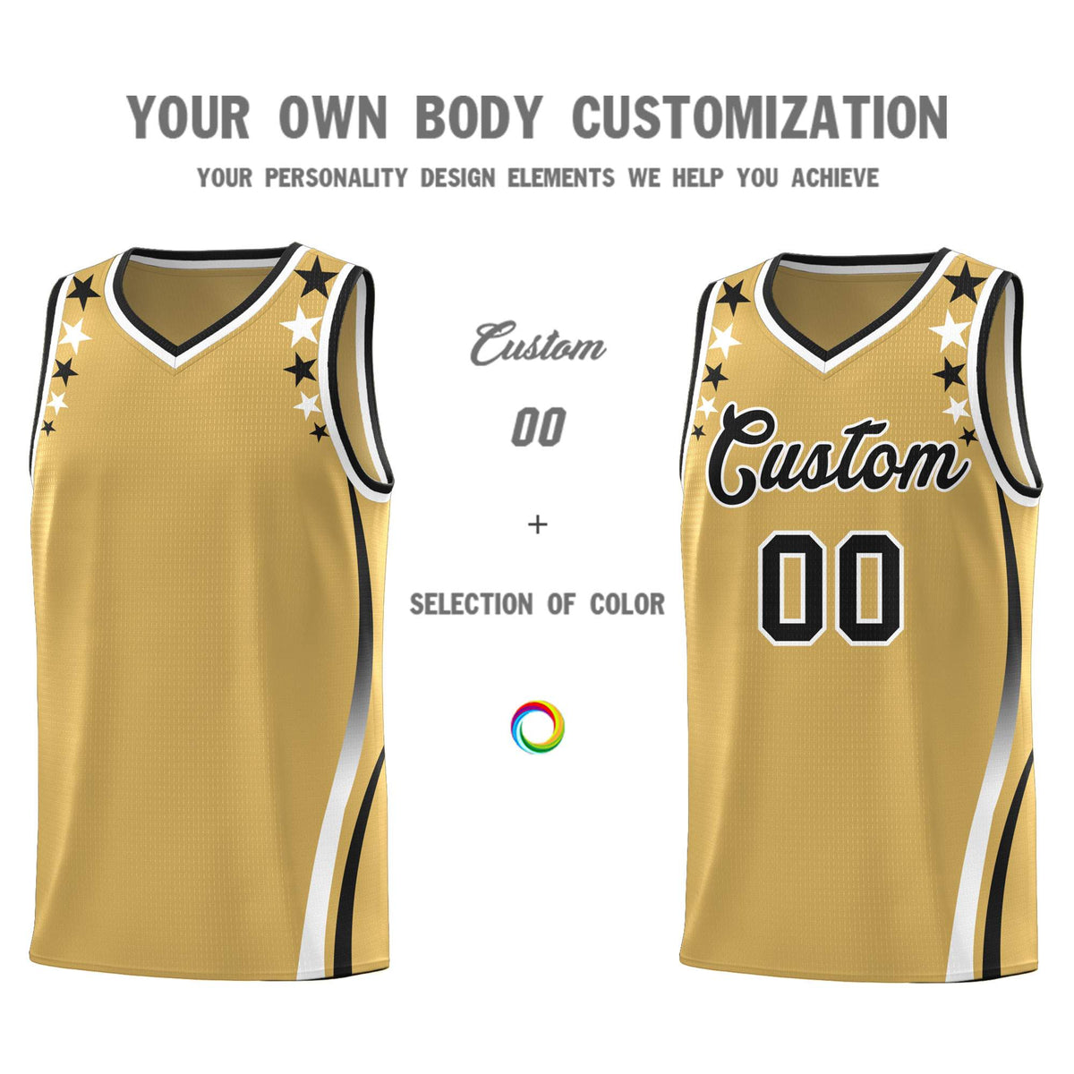 Custom Old Gold Shoulders Star Pattern Side Color Block Sports Uniform Basketball Jersey|KXKSHOP