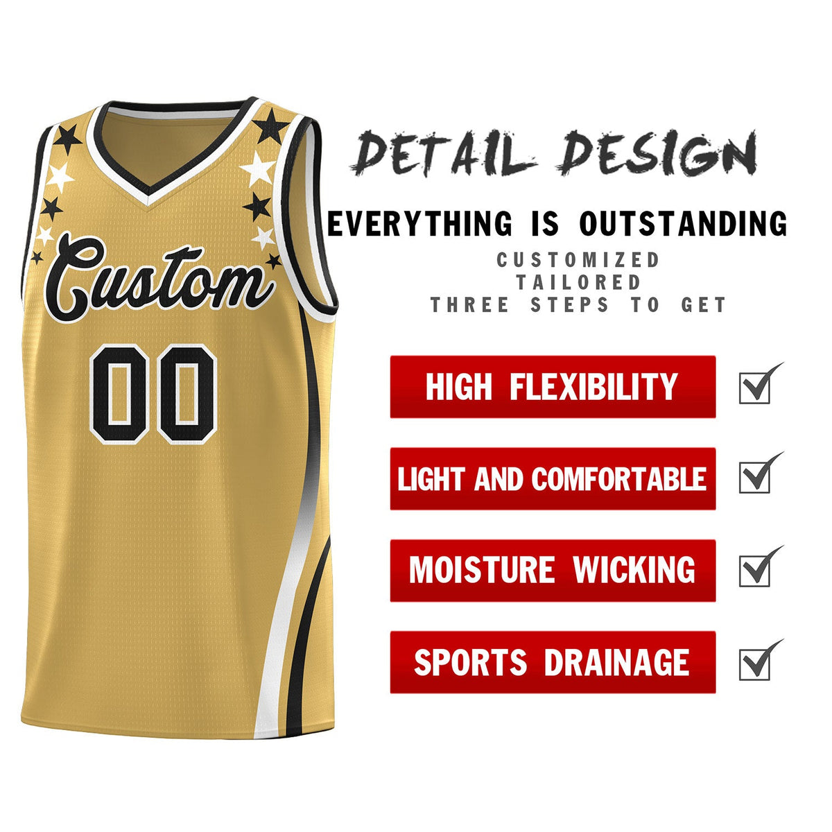 Custom Old Gold Shoulders Star Pattern Side Color Block Sports Uniform Basketball Jersey|KXKSHOP