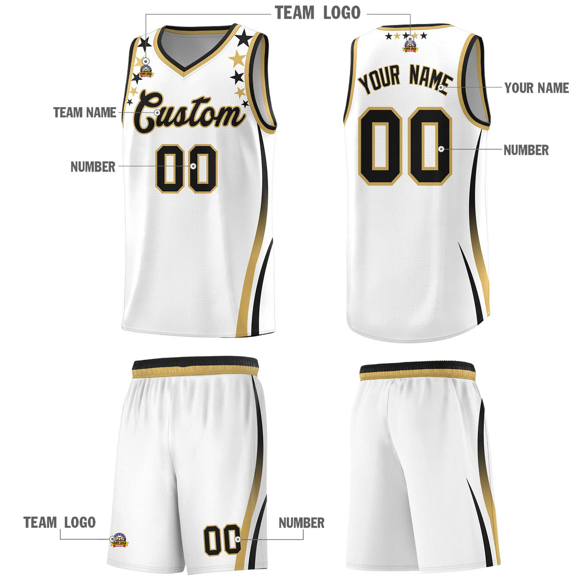 Custom White Shoulders Star Pattern Side Color Block Sports Uniform Basketball Jersey|KXKSHOP