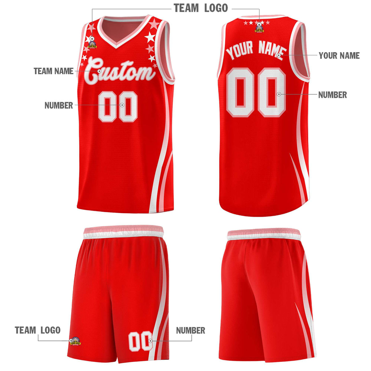 Custom Red Shoulders Star Pattern Side Color Block Sports Uniform Basketball Jersey|KXKSHOP