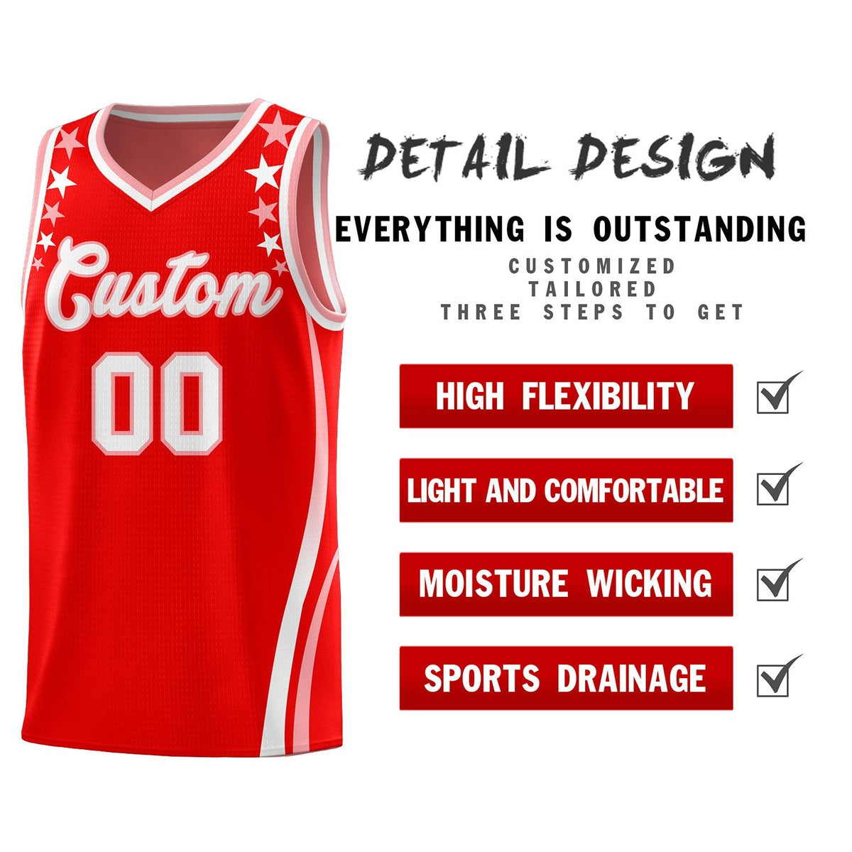 Custom Red Shoulders Star Pattern Side Color Block Sports Uniform Basketball Jersey|KXKSHOP