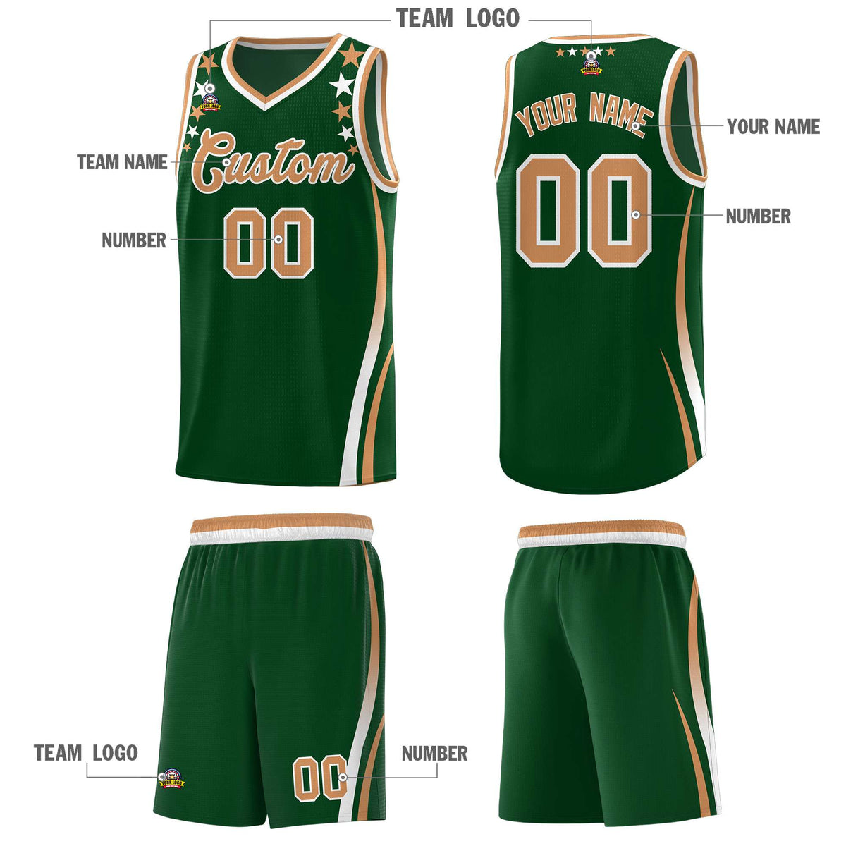 Custom Green Shoulders Star Pattern Side Color Block Sports Uniform Basketball Jersey|KXKSHOP