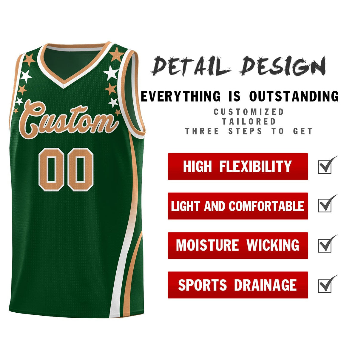 Custom Green Shoulders Star Pattern Side Color Block Sports Uniform Basketball Jersey|KXKSHOP