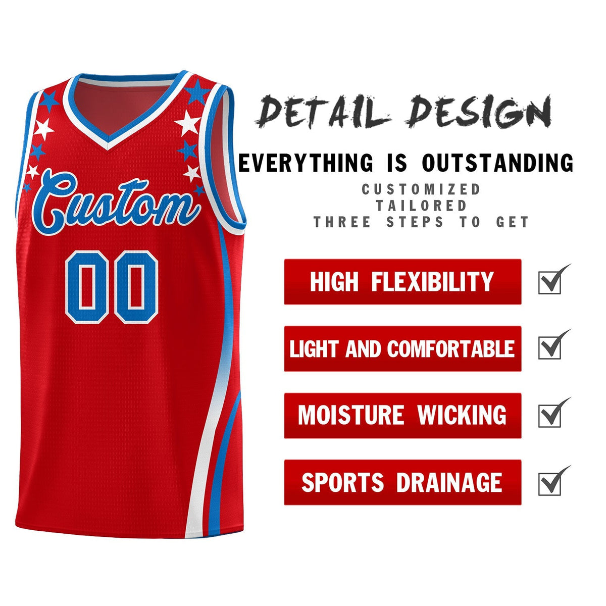Custom Red Shoulders Star Pattern Side Color Block Sports Uniform Basketball Jersey|KXKSHOP