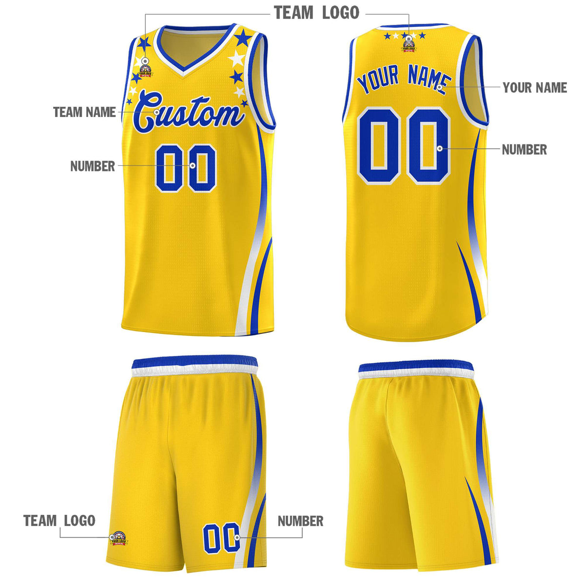 Custom Gold Shoulders Star Pattern Side Color Block Sports Uniform Basketball Jersey|KXKSHOP