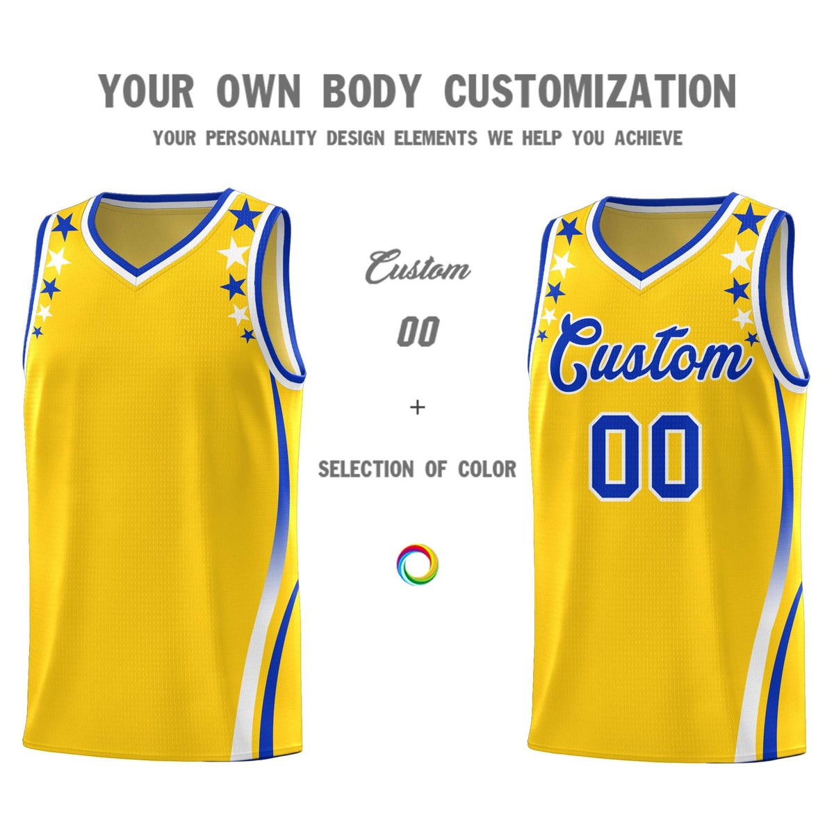 Custom Gold Shoulders Star Pattern Side Color Block Sports Uniform Basketball Jersey|KXKSHOP
