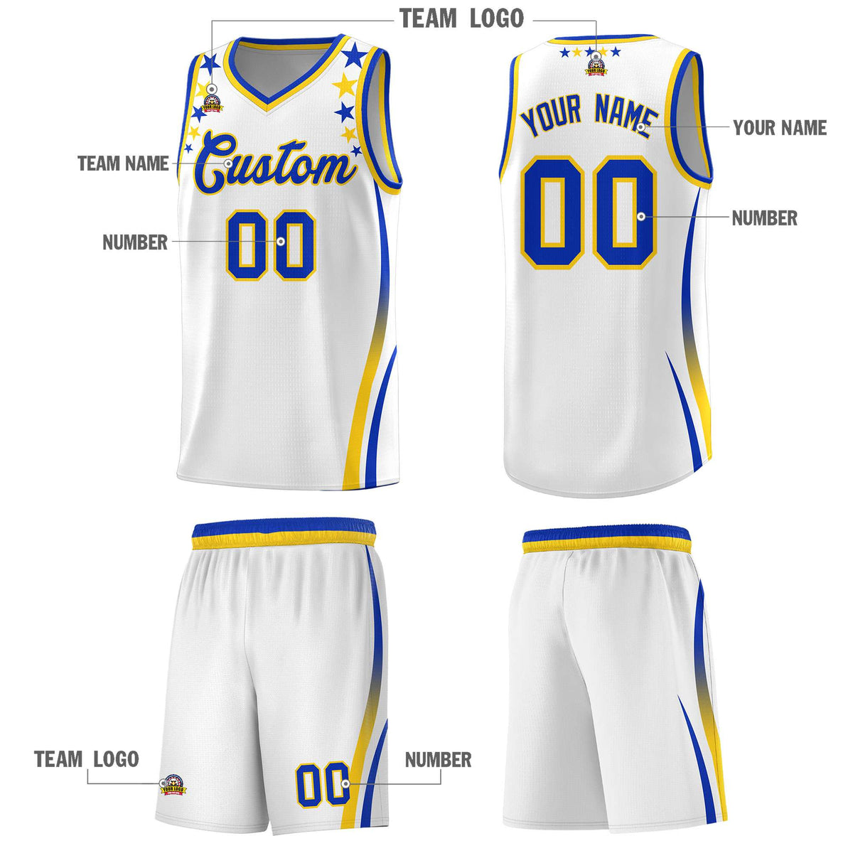 Custom White Shoulders Star Pattern Side Color Block Sports Uniform Basketball Jersey|KXKSHOP