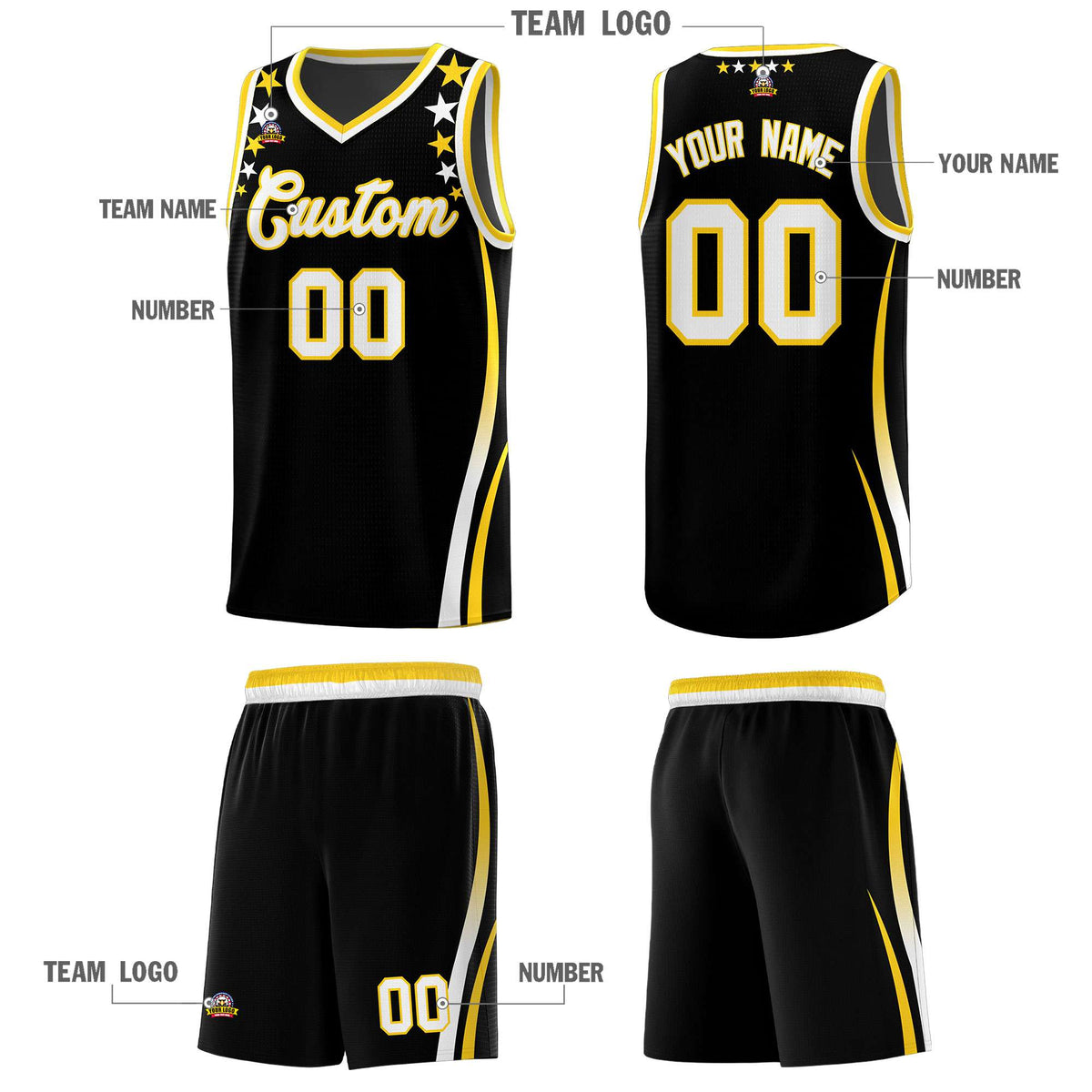 Custom Black Shoulders Star Pattern Side Color Block Sports Uniform Basketball Jersey|KXKSHOP