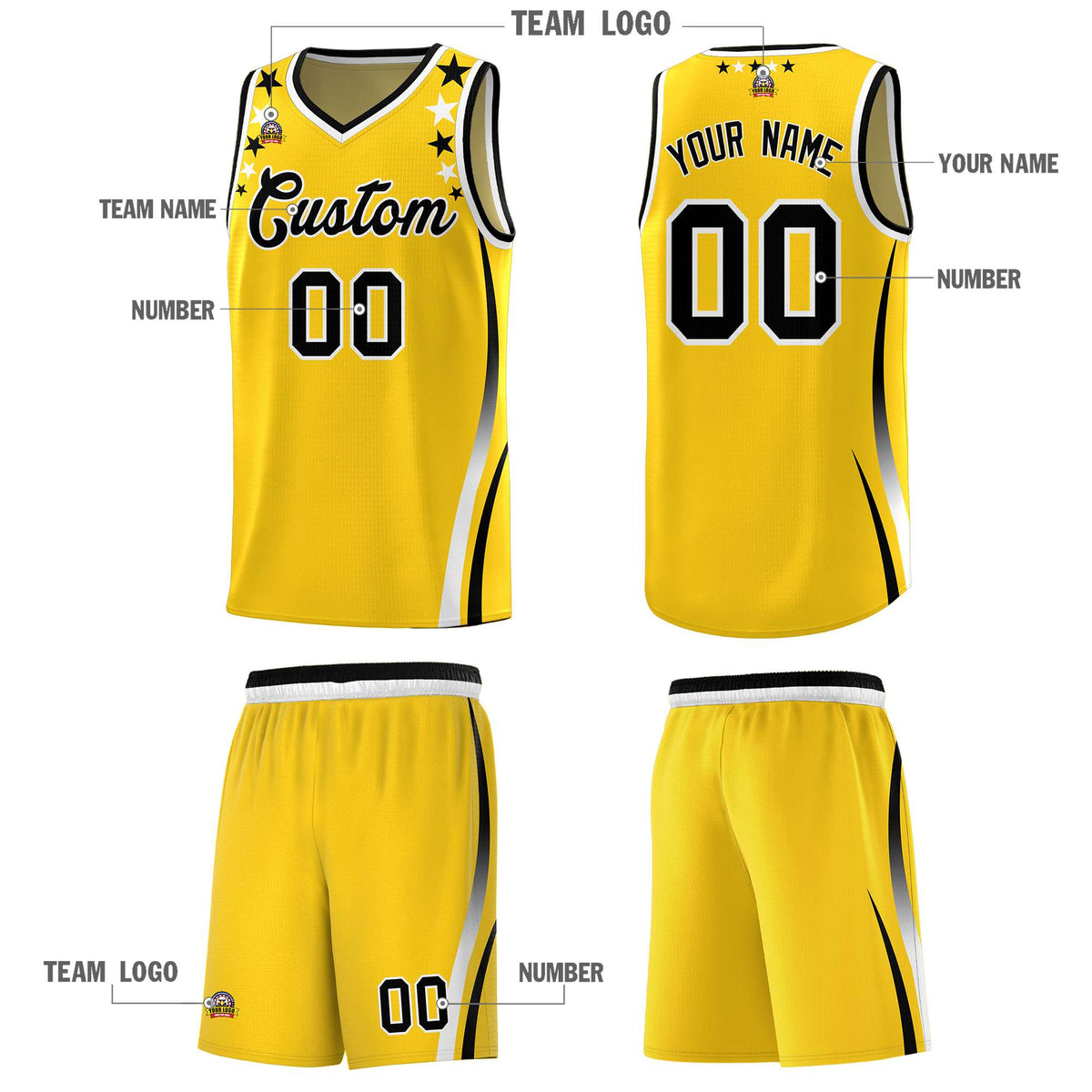 Custom Gold Shoulders Star Pattern Side Color Block Sports Uniform Basketball Jersey|KXKSHOP