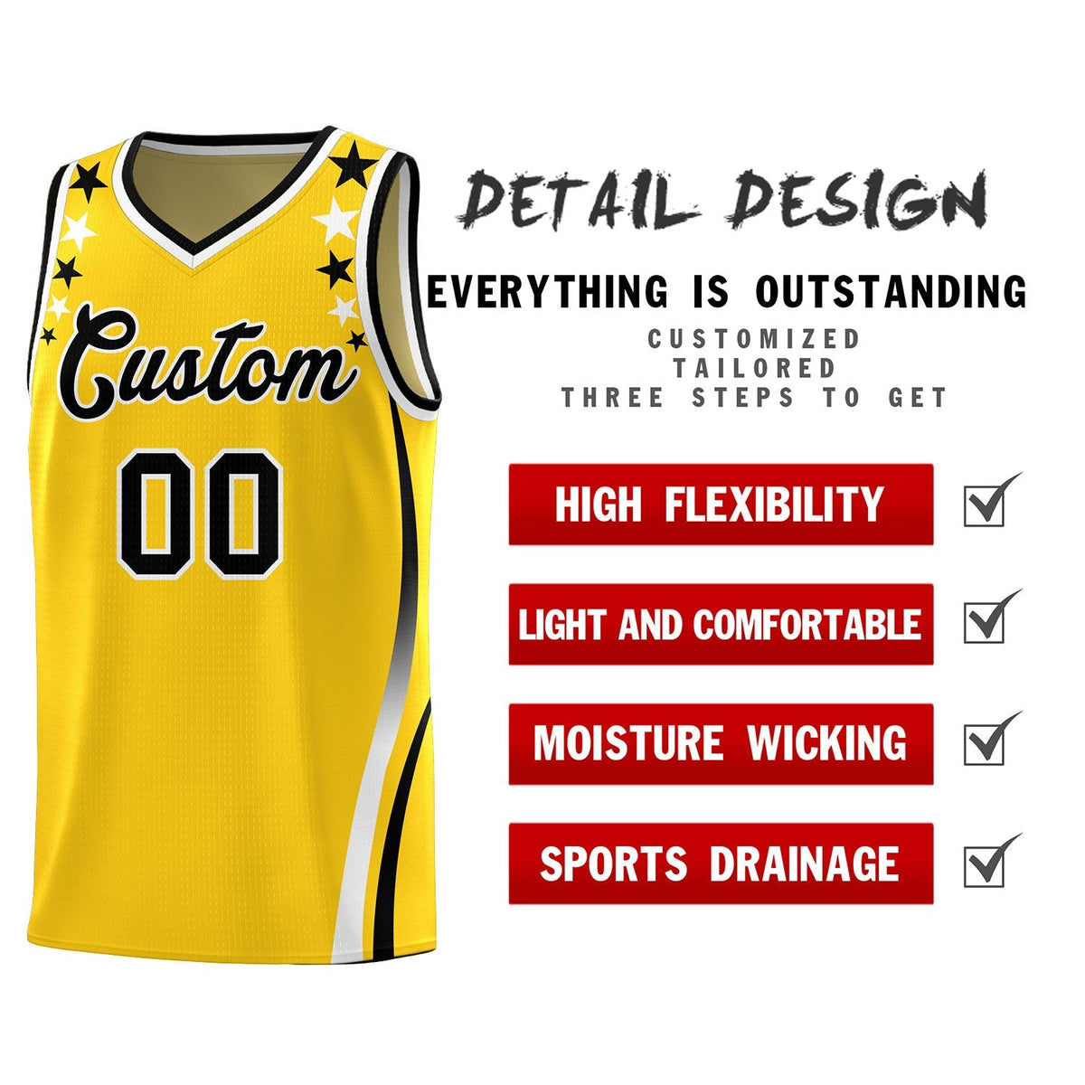 Custom Gold Shoulders Star Pattern Side Color Block Sports Uniform Basketball Jersey|KXKSHOP