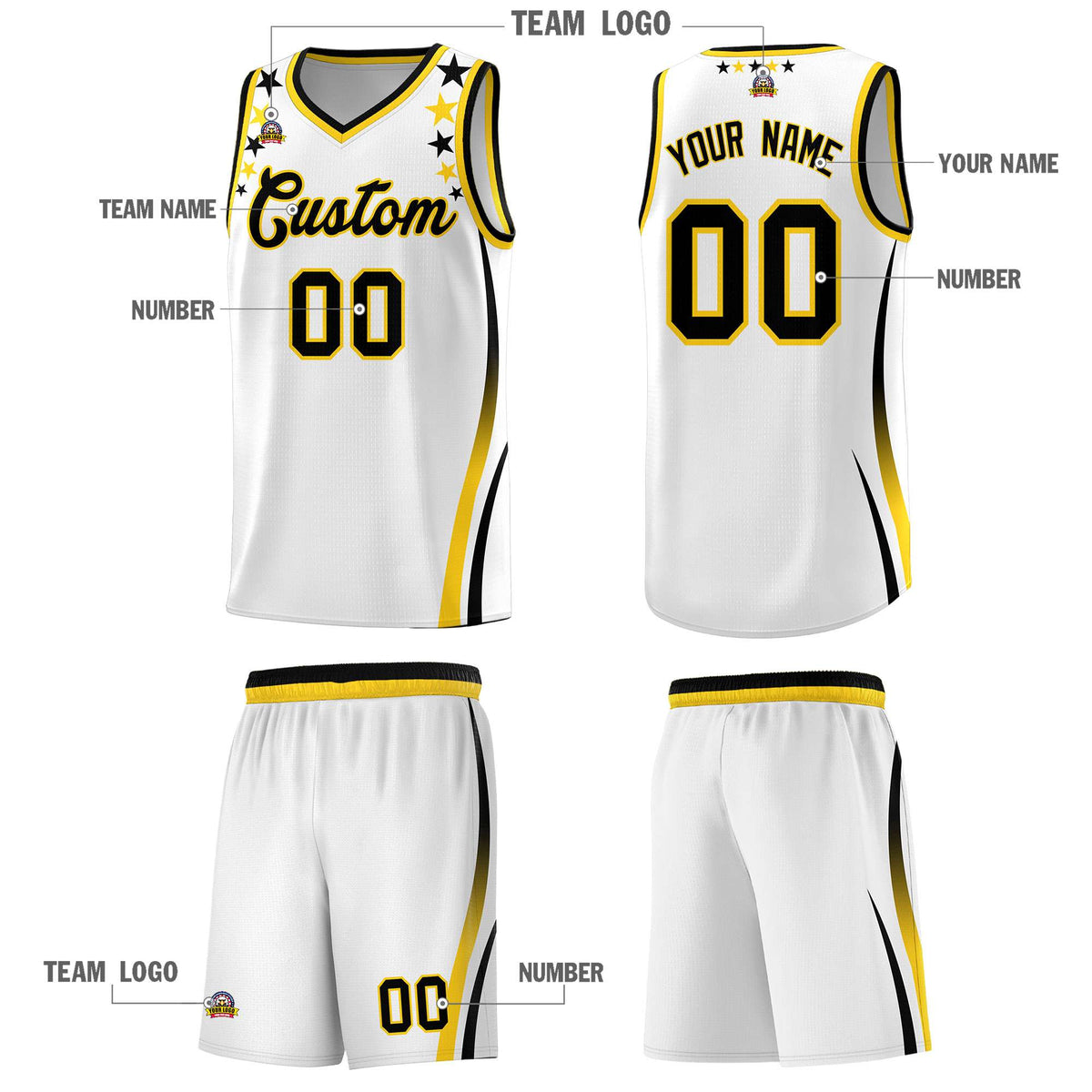 Custom White Shoulders Star Pattern Side Color Block Sports Uniform Basketball Jersey|KXKSHOP