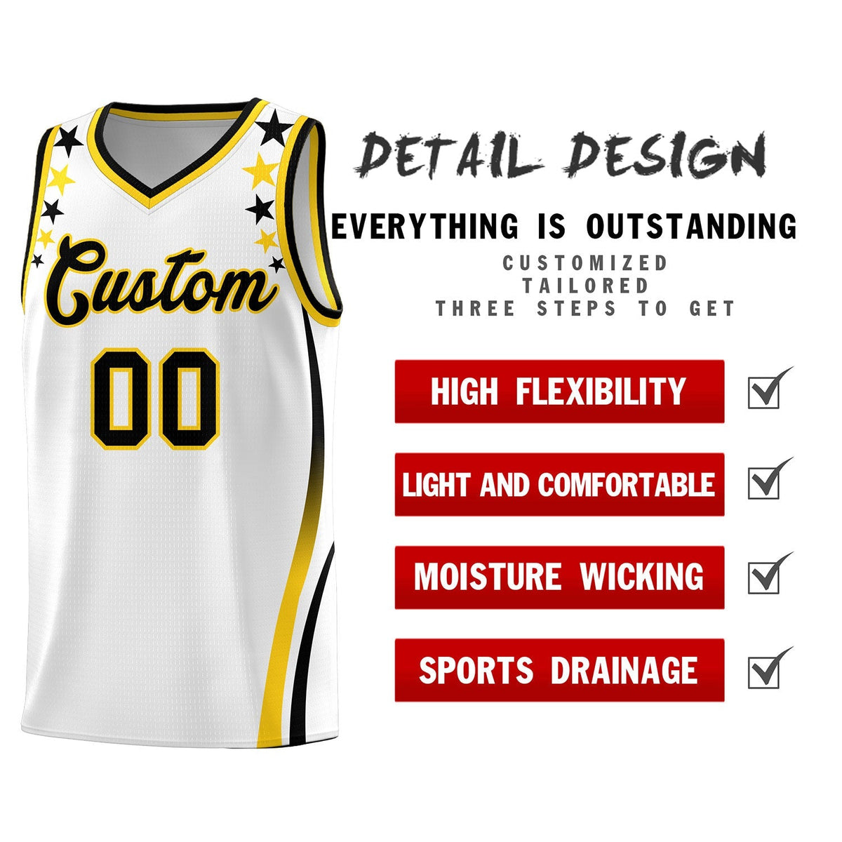 Custom White Shoulders Star Pattern Side Color Block Sports Uniform Basketball Jersey|KXKSHOP