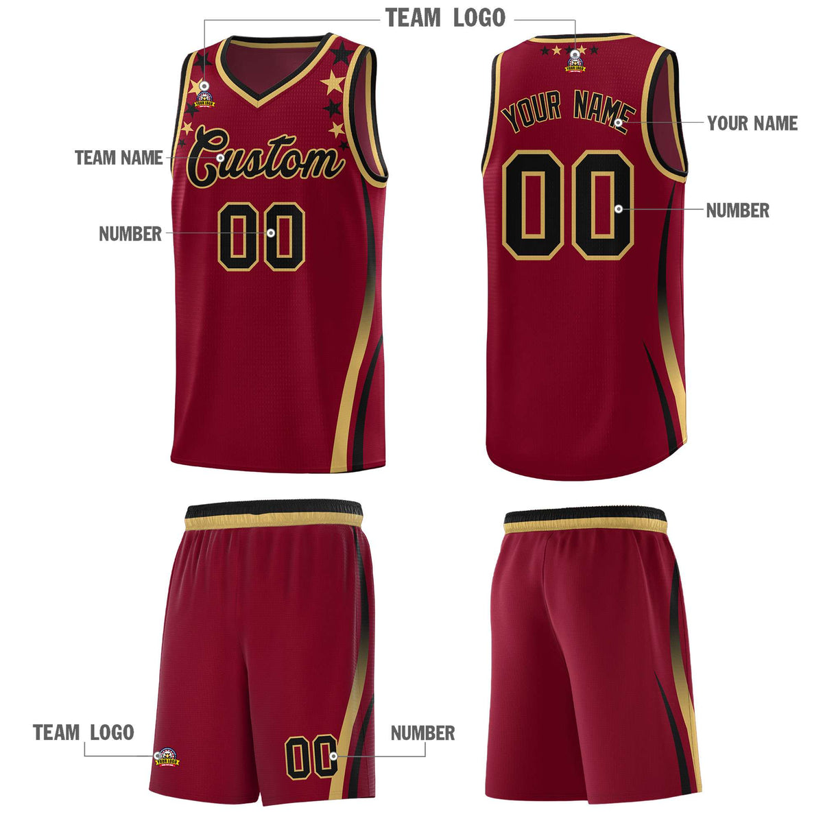 Custom Crimson Shoulders Star Pattern Side Color Block Sports Uniform Basketball Jersey|KXKSHOP