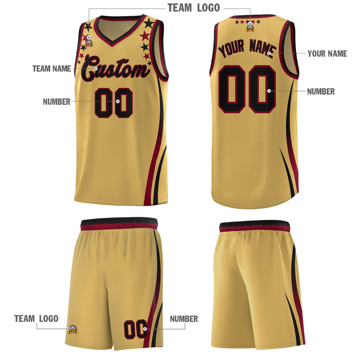 Custom Old Gold Shoulders Star Pattern Side Color Block Sports Uniform Basketball Jersey|KXKSHOP