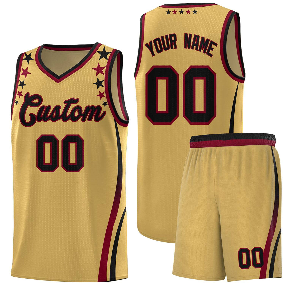 Custom Old Gold Shoulders Star Pattern Side Color Block Sports Uniform Basketball Jersey|KXKSHOP