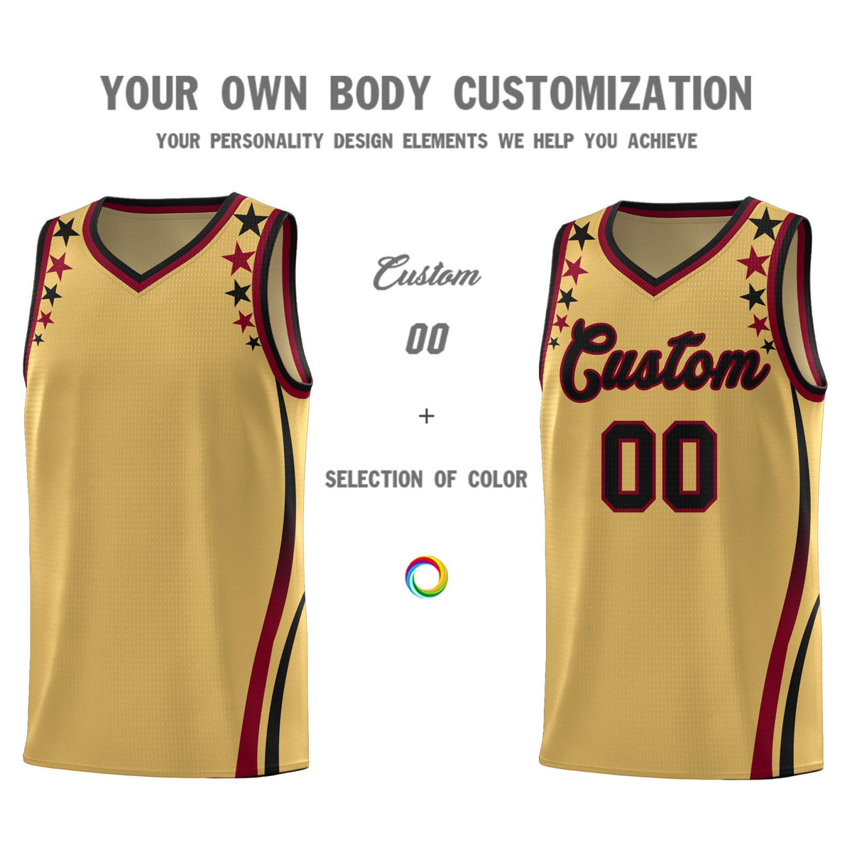 Custom Old Gold Shoulders Star Pattern Side Color Block Sports Uniform Basketball Jersey|KXKSHOP
