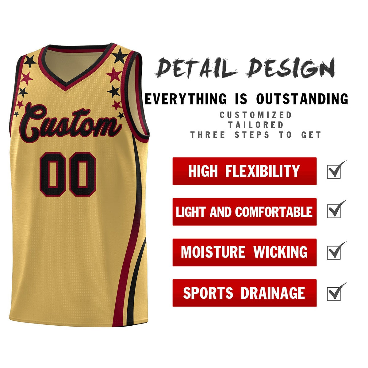 Custom Old Gold Shoulders Star Pattern Side Color Block Sports Uniform Basketball Jersey|KXKSHOP
