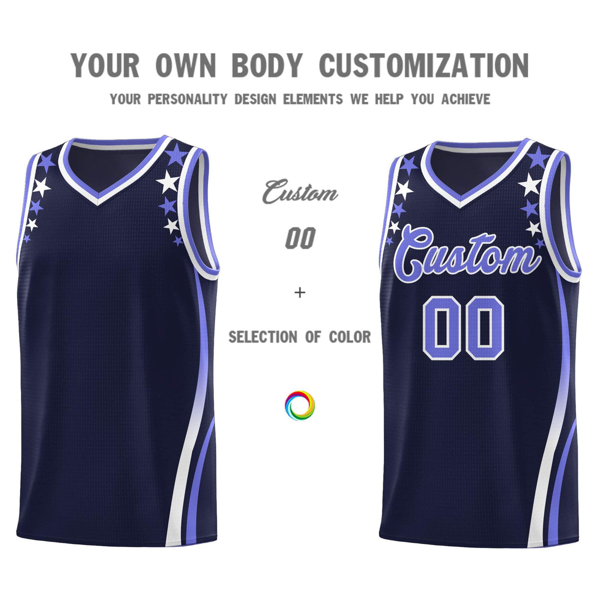 Custom Navy Shoulders Star Pattern Side Color Block Sports Uniform Basketball Jersey|KXKSHOP