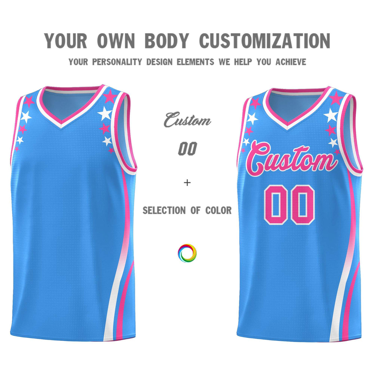Custom Light Blue Shoulders Star Pattern Side Color Block Sports Uniform Basketball Jersey|KXKSHOP