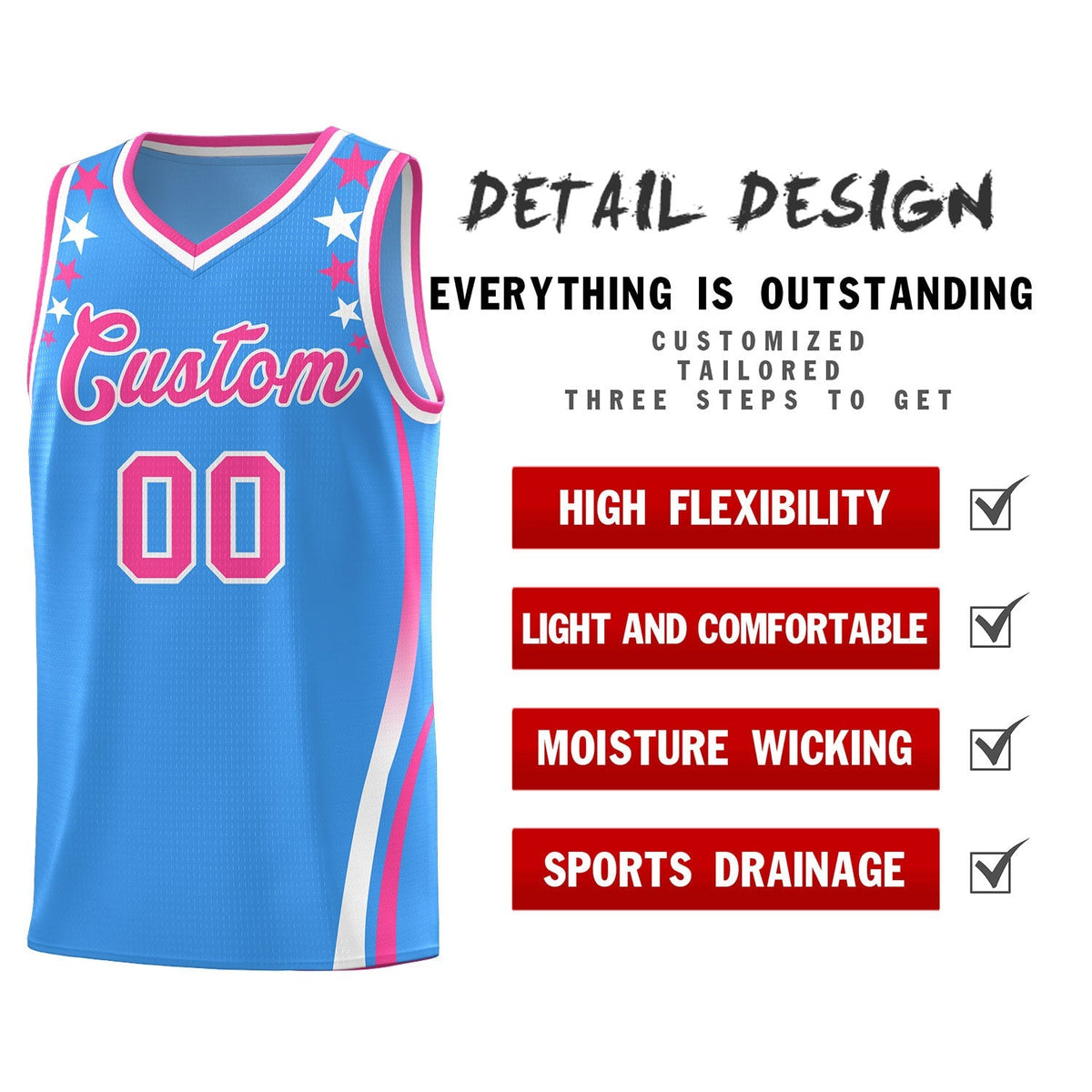 Custom Light Blue Shoulders Star Pattern Side Color Block Sports Uniform Basketball Jersey|KXKSHOP