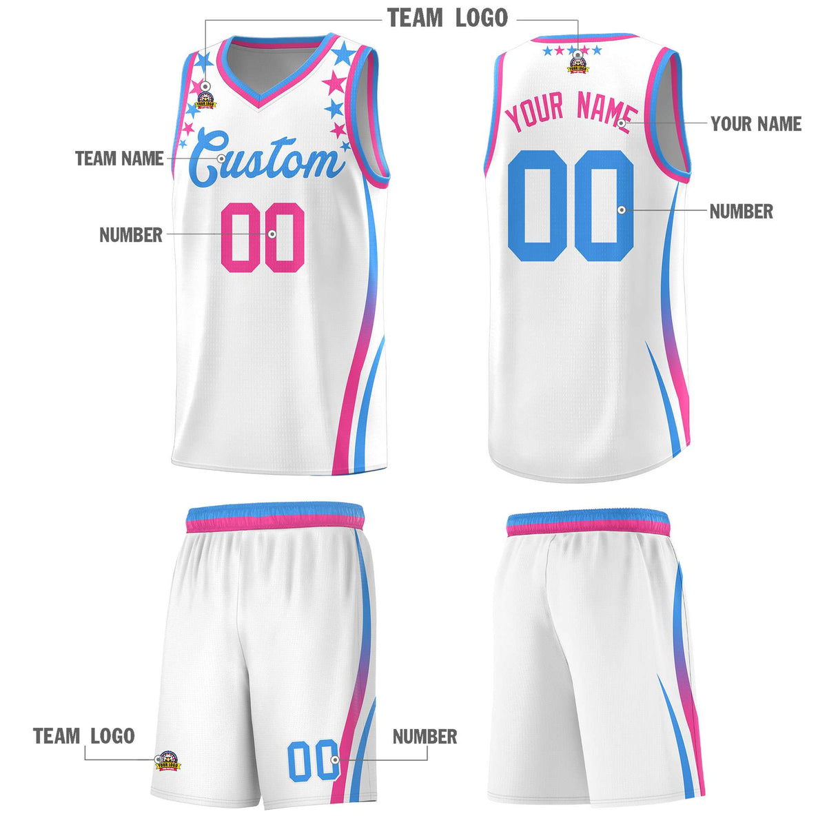 Custom White Shoulders Star Pattern Side Color Block Sports Uniform Basketball Jersey|KXKSHOP