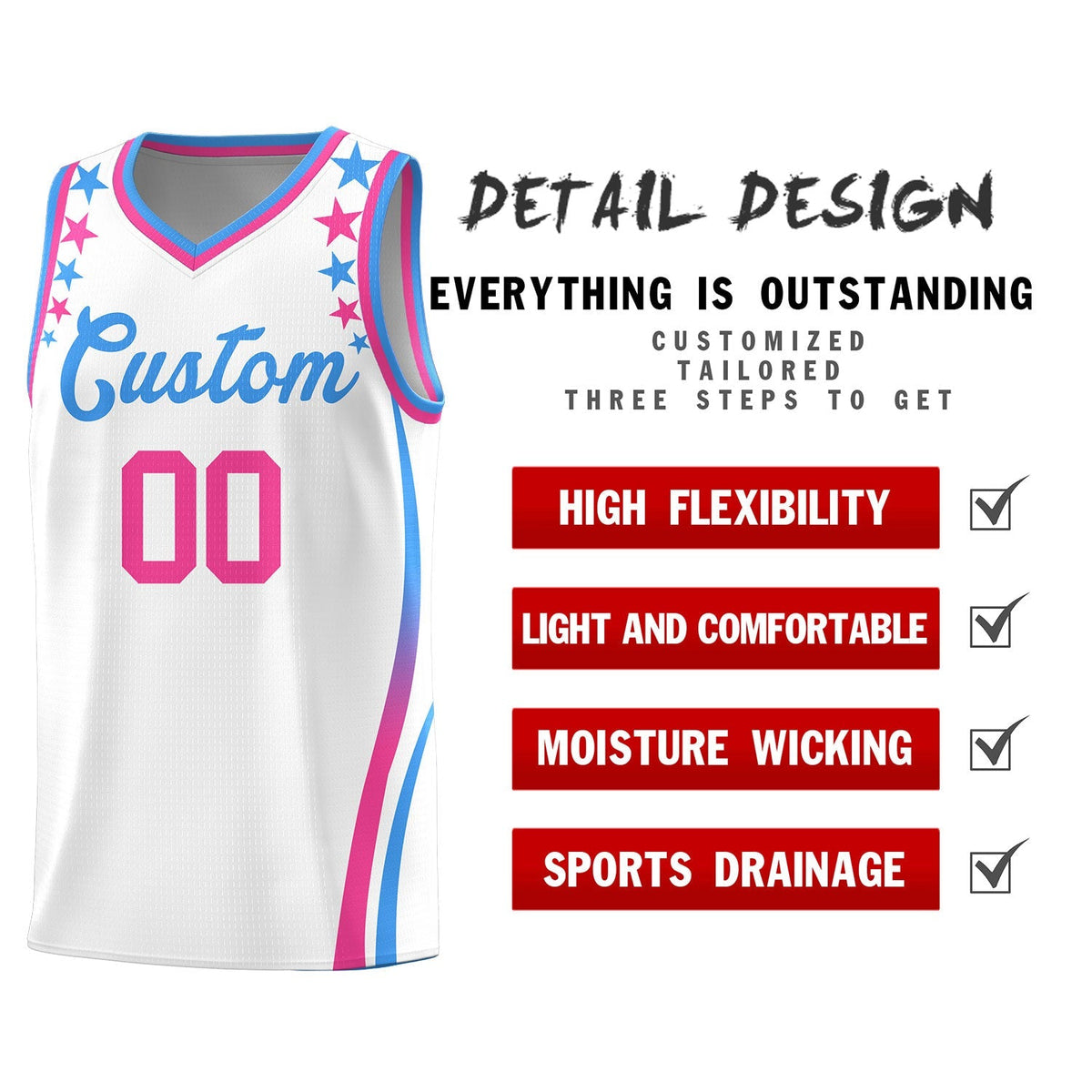 Custom White Shoulders Star Pattern Side Color Block Sports Uniform Basketball Jersey|KXKSHOP