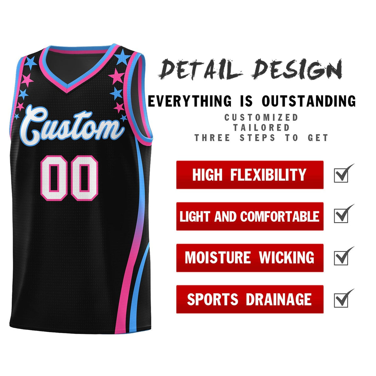 Custom Black Shoulders Star Pattern Side Color Block Sports Uniform Basketball Jersey|KXKSHOP