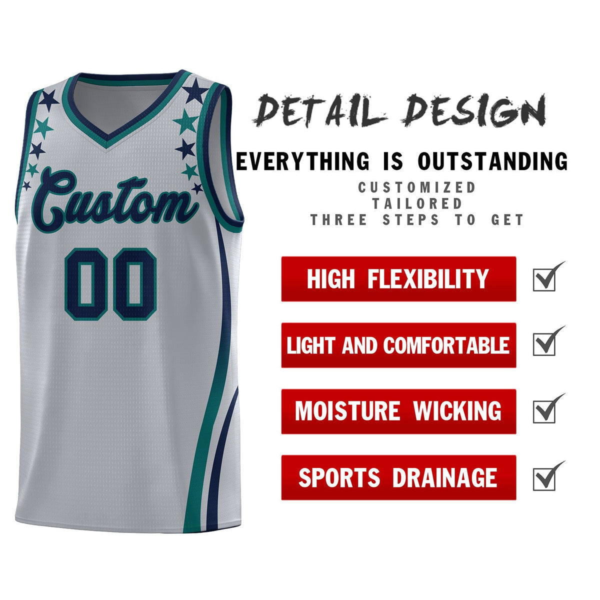 Custom Gray Shoulders Star Pattern Side Color Block Sports Uniform Basketball Jersey|KXKSHOP