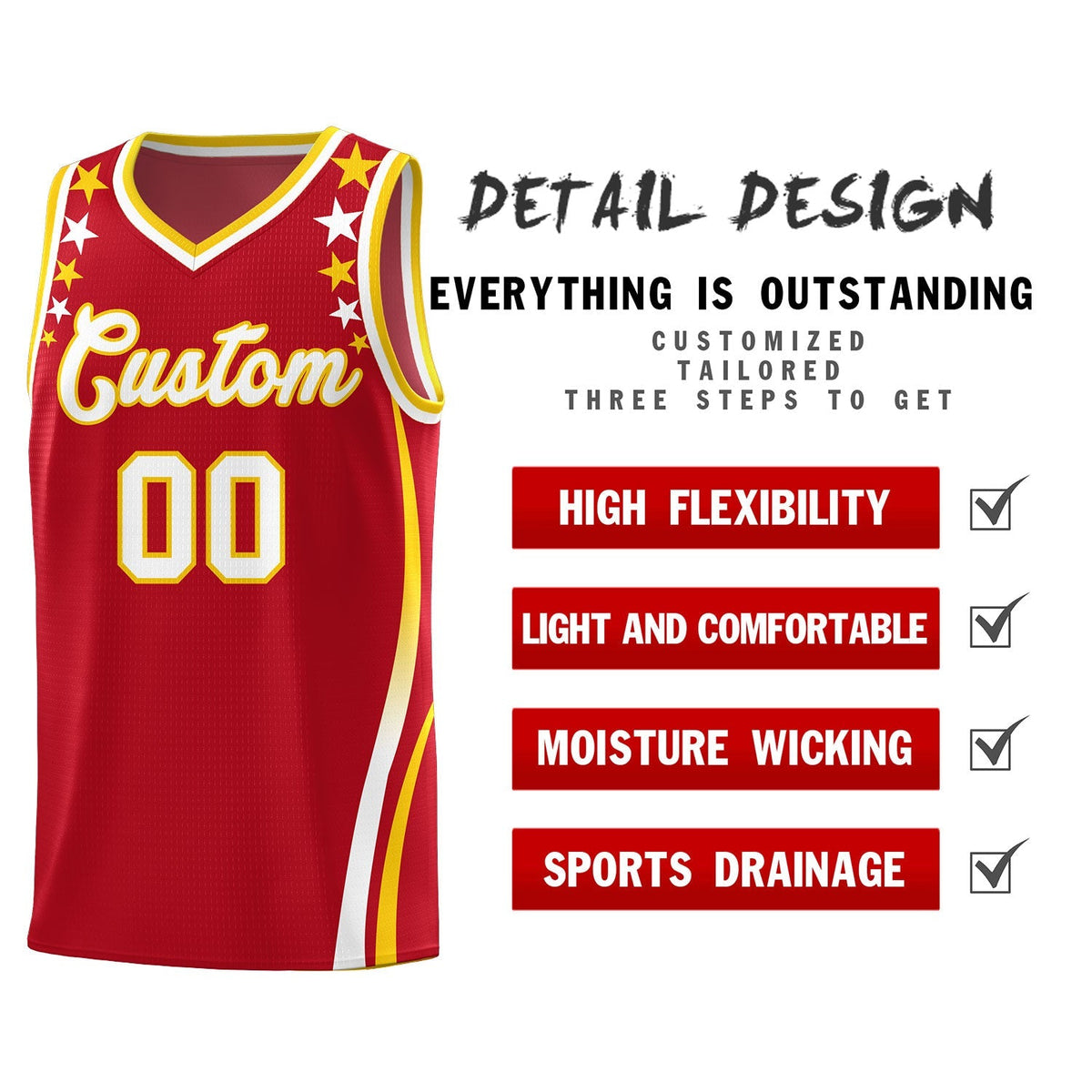 Custom Red Shoulders Star Pattern Side Color Block Sports Uniform Basketball Jersey|KXKSHOP