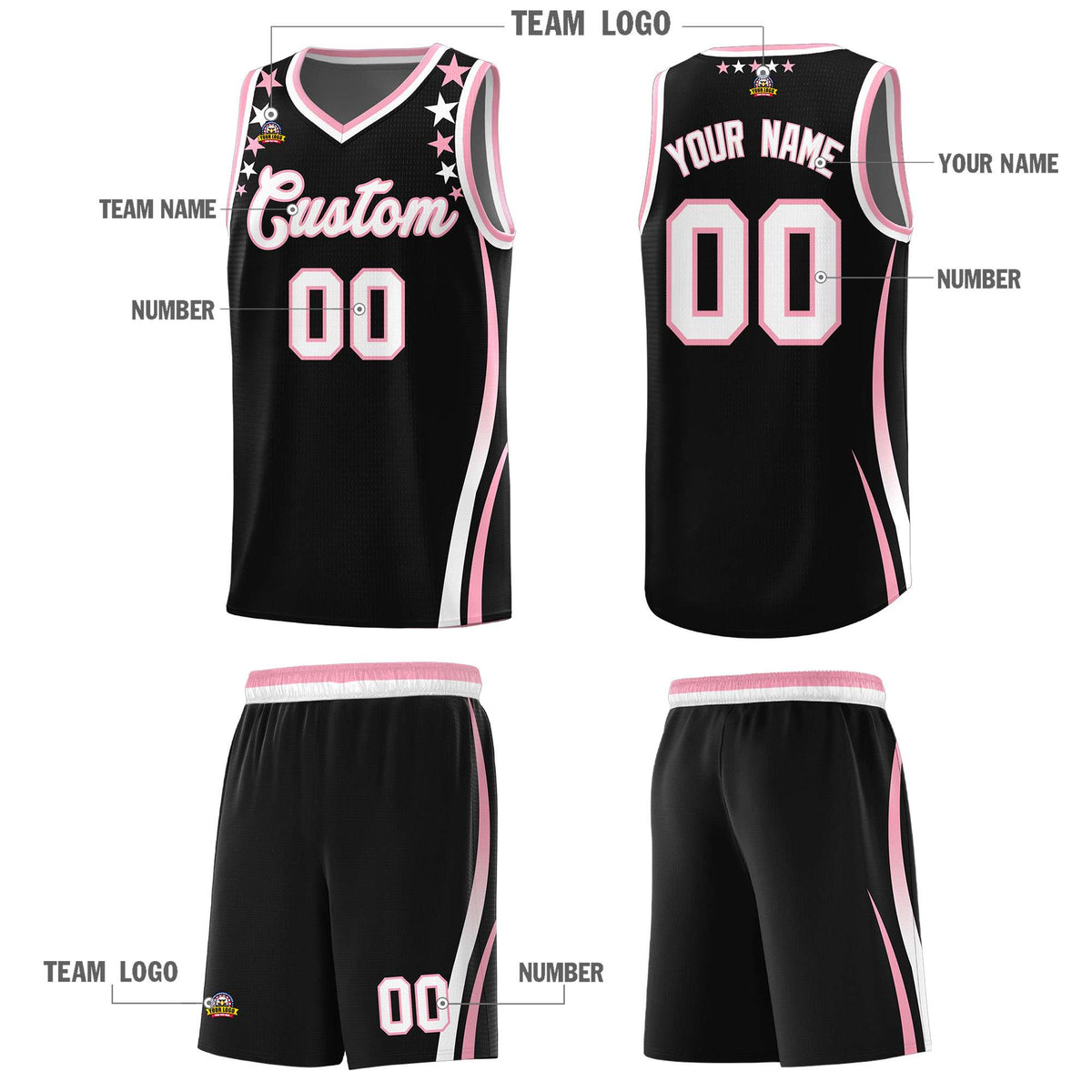 Custom Black Shoulders Star Pattern Side Color Block Sports Uniform Basketball Jersey|KXKSHOP