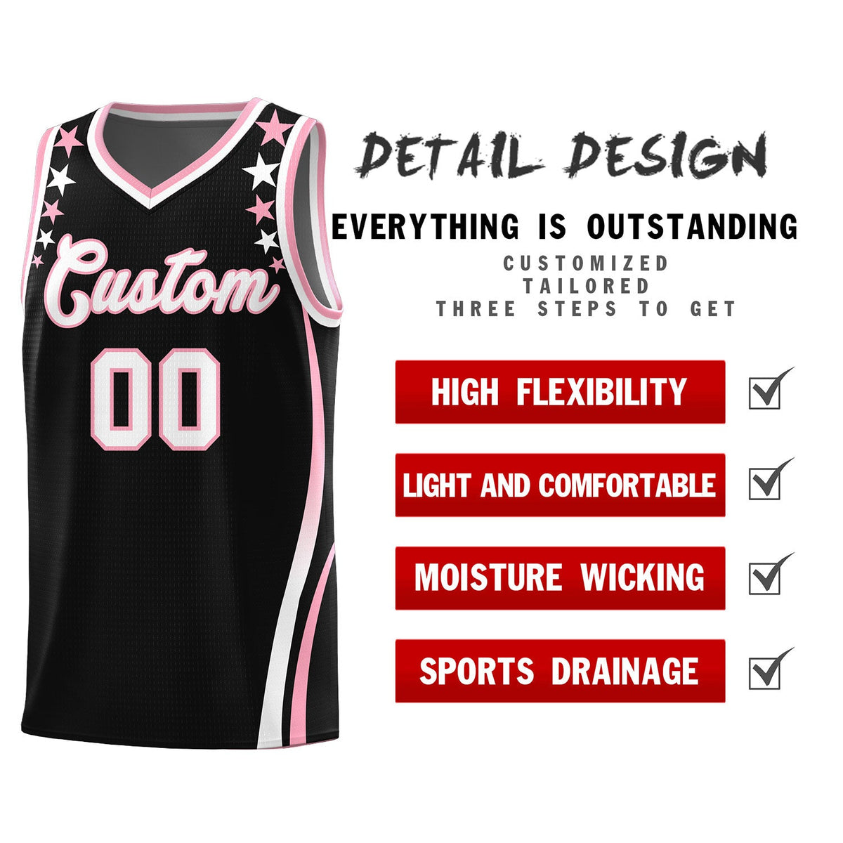 Custom Black Shoulders Star Pattern Side Color Block Sports Uniform Basketball Jersey|KXKSHOP
