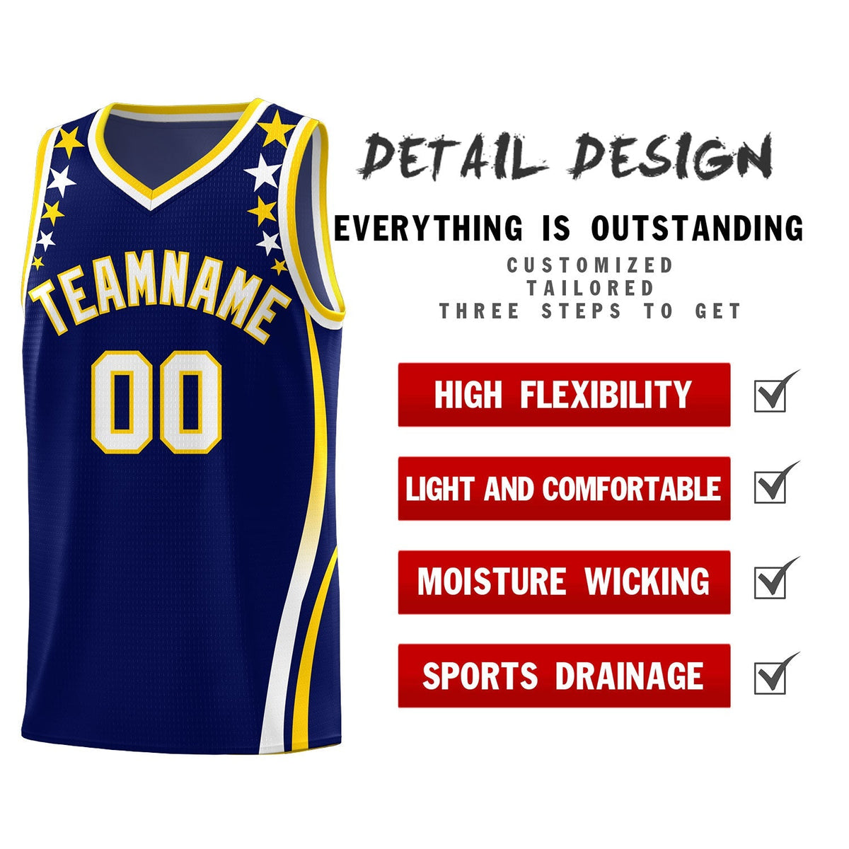Custom Navy Shoulders Star Pattern Side Color Block Sports Uniform Basketball Jersey|KXKSHOP