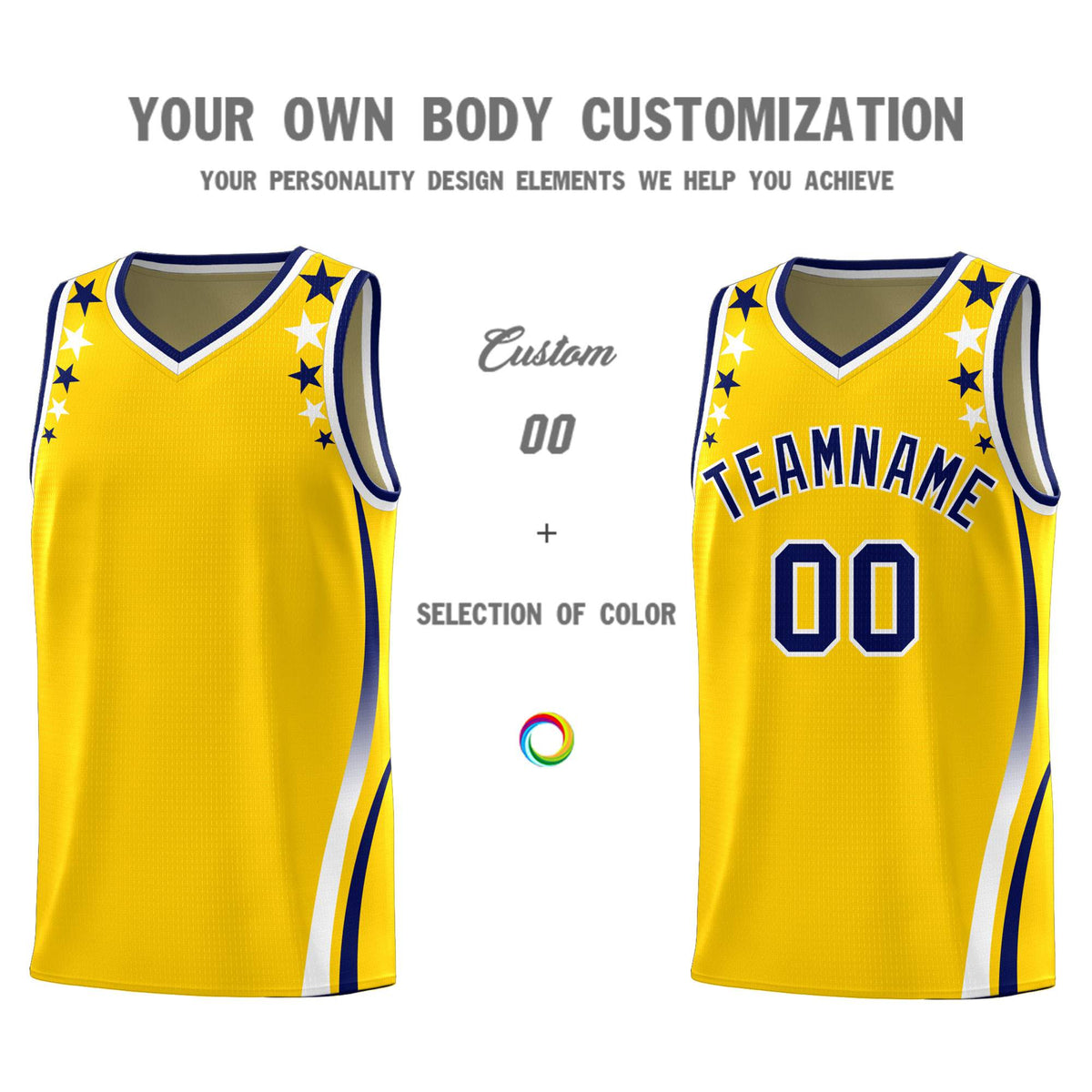 Custom Gold Shoulders Star Pattern Side Color Block Sports Uniform Basketball Jersey|KXKSHOP