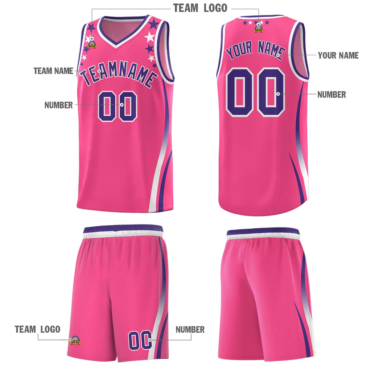 Custom Pink Shoulders Star Pattern Side Color Block Sports Uniform Basketball Jersey|KXKSHOP