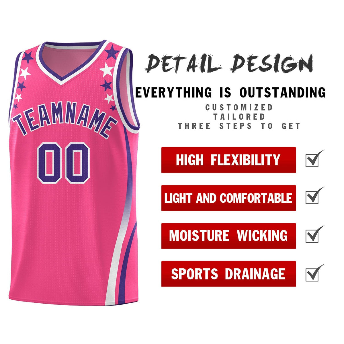 Custom Pink Shoulders Star Pattern Side Color Block Sports Uniform Basketball Jersey|KXKSHOP
