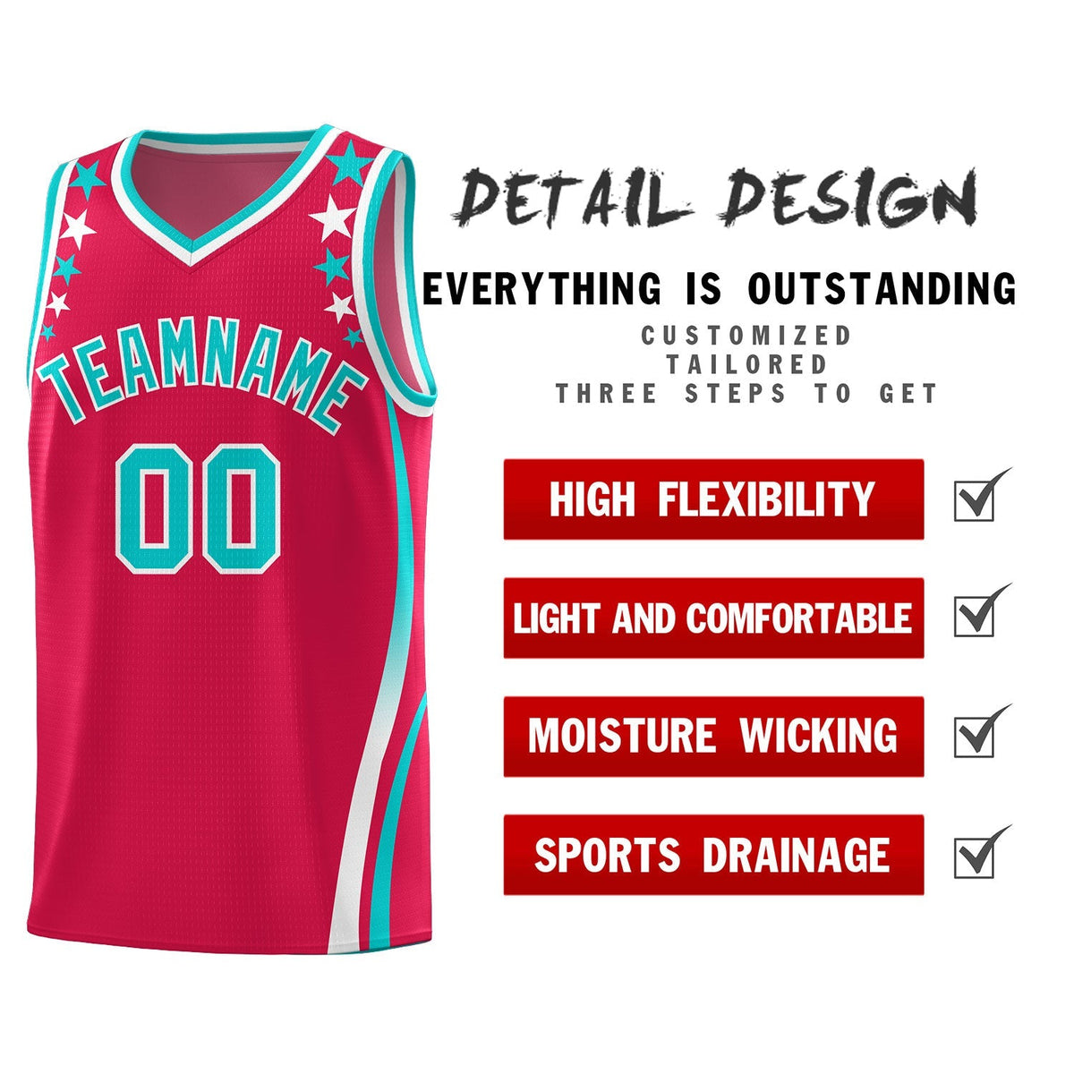 Custom Red Shoulders Star Pattern Side Color Block Sports Uniform Basketball Jersey|KXKSHOP
