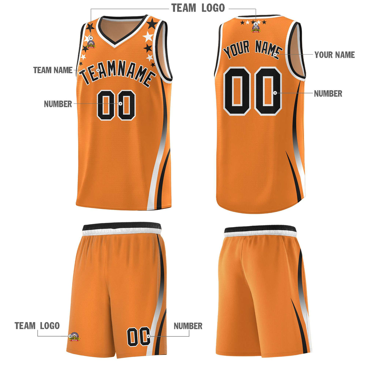 Custom Orange Shoulders Star Pattern Side Color Block Sports Uniform Basketball Jersey|KXKSHOP