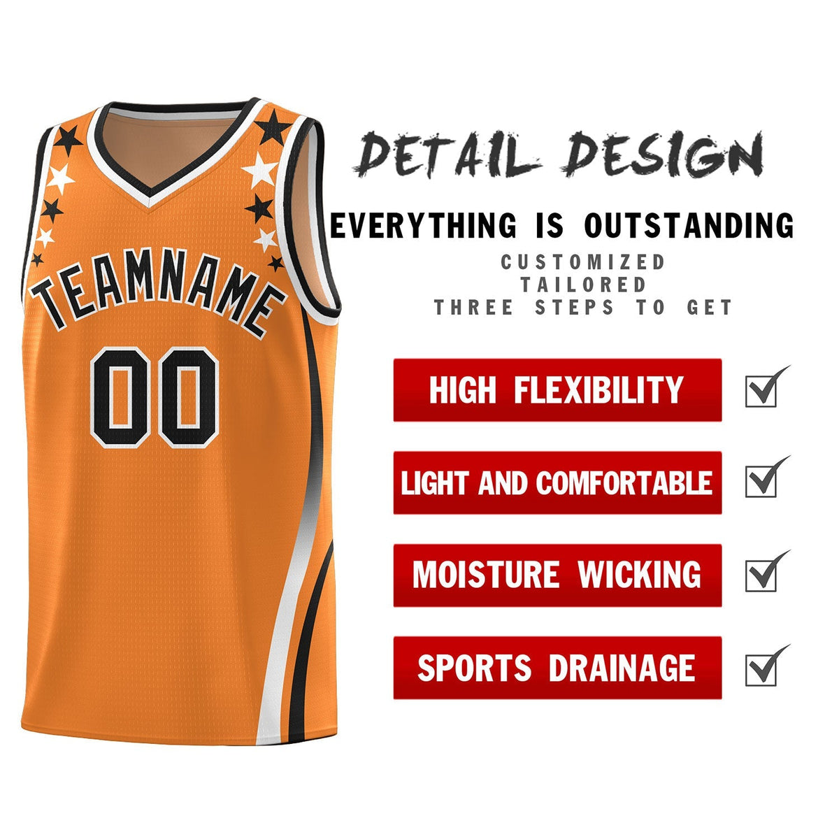 Custom Orange Shoulders Star Pattern Side Color Block Sports Uniform Basketball Jersey|KXKSHOP