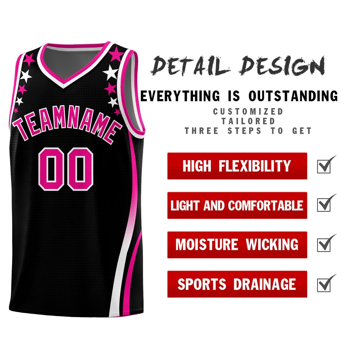Custom Black Shoulders Star Pattern Side Color Block Sports Uniform Basketball Jersey|KXKSHOP