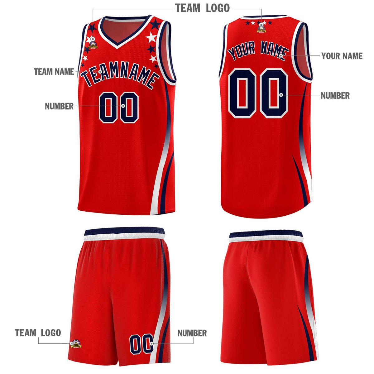 Custom Red Shoulders Star Pattern Side Color Block Sports Uniform Basketball Jersey|KXKSHOP
