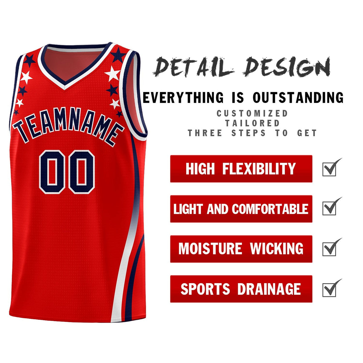 Custom Red Shoulders Star Pattern Side Color Block Sports Uniform Basketball Jersey|KXKSHOP