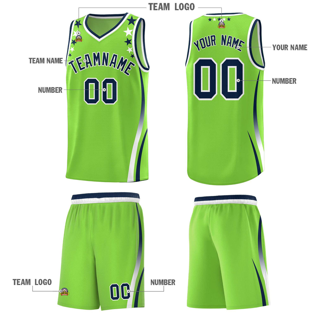 Custom Neon Green Shoulders Star Pattern Side Color Block Sports Uniform Basketball Jersey|KXKSHOP