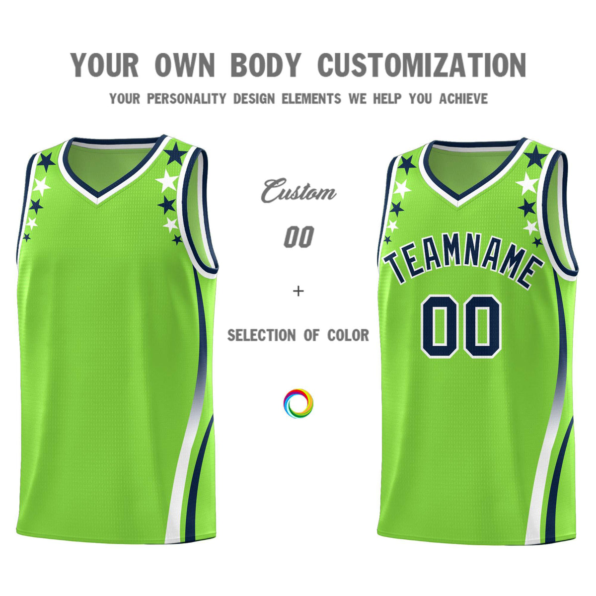 Custom Neon Green Shoulders Star Pattern Side Color Block Sports Uniform Basketball Jersey|KXKSHOP