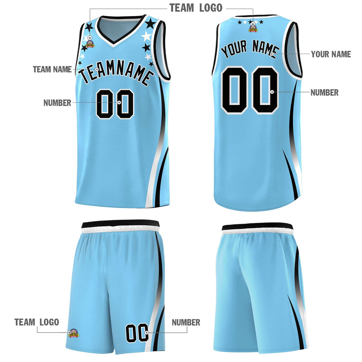 Custom Light Blue Shoulders Star Pattern Side Color Block Sports Uniform Basketball Jersey|KXKSHOP