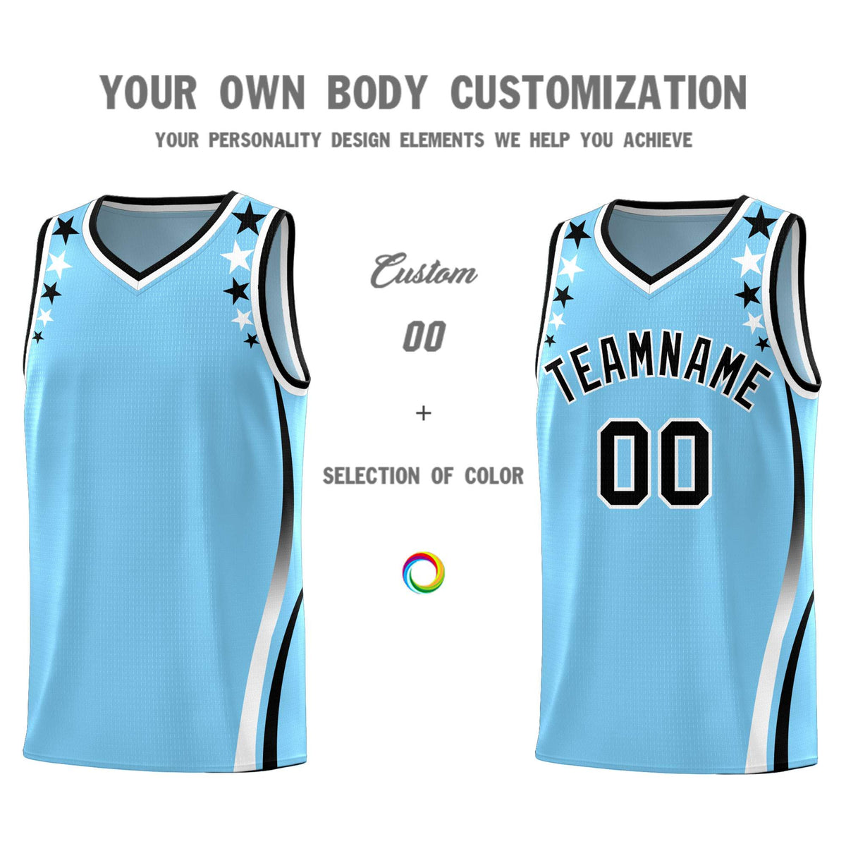 Custom Light Blue Shoulders Star Pattern Side Color Block Sports Uniform Basketball Jersey|KXKSHOP